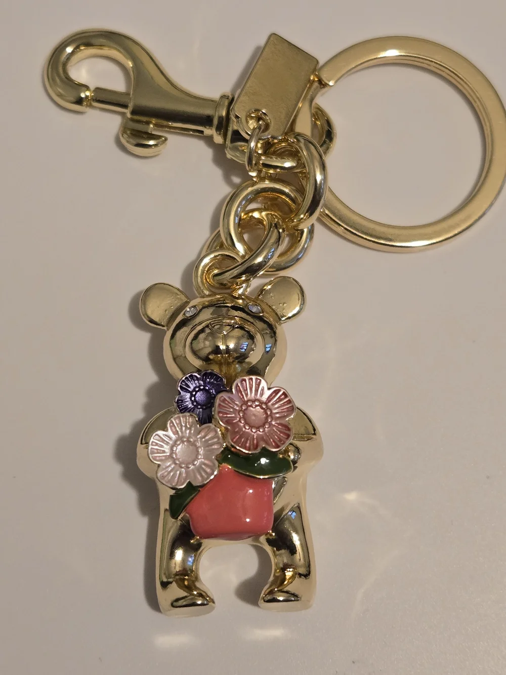 Gold Bear Keychain with Pink & Purple Flower Accent
